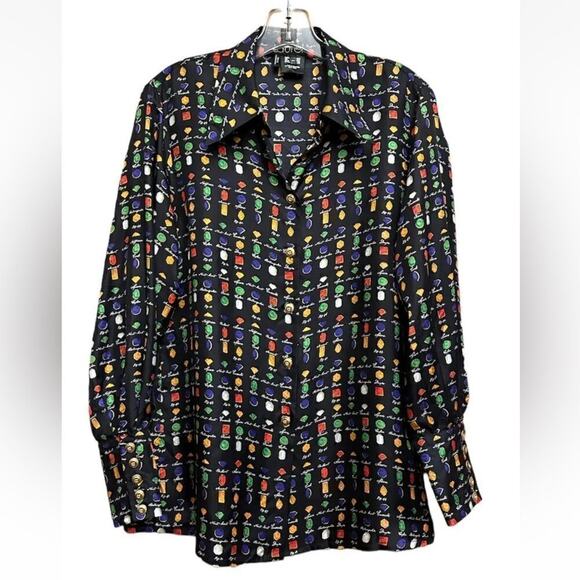 Vintage LAURÈL by Escada Silk Blouse Womens US 6 EU 38 Gemstone Print Black vtg - Picture 2 of 14
